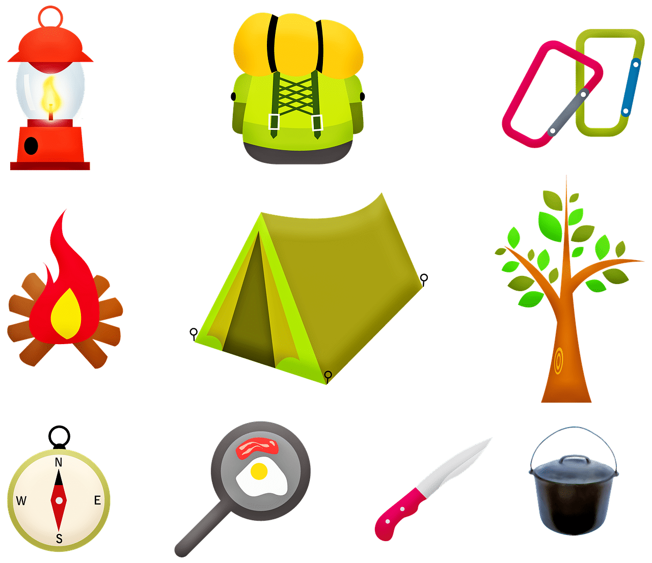 camping gears light, a backpack, fire, tent, tree, compass, pan, knife 